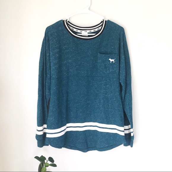 PINK Victoria's Secret Tops - PINK VS Teal and White Crew Neck Pull Over